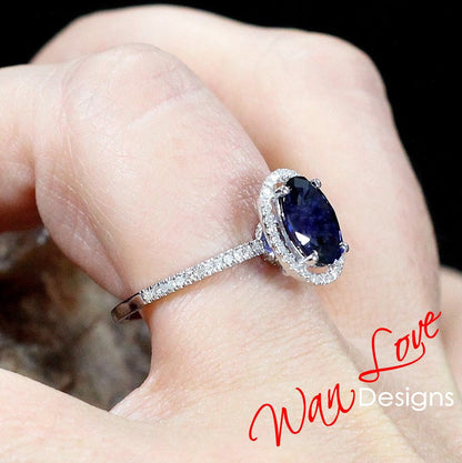 Blue Sapphire & Diamond Oval Halo Engagement Ring art deco 3ct oval sapphire diamond halo Wedding Anniversary promise ring gift for her Wan Love Designs