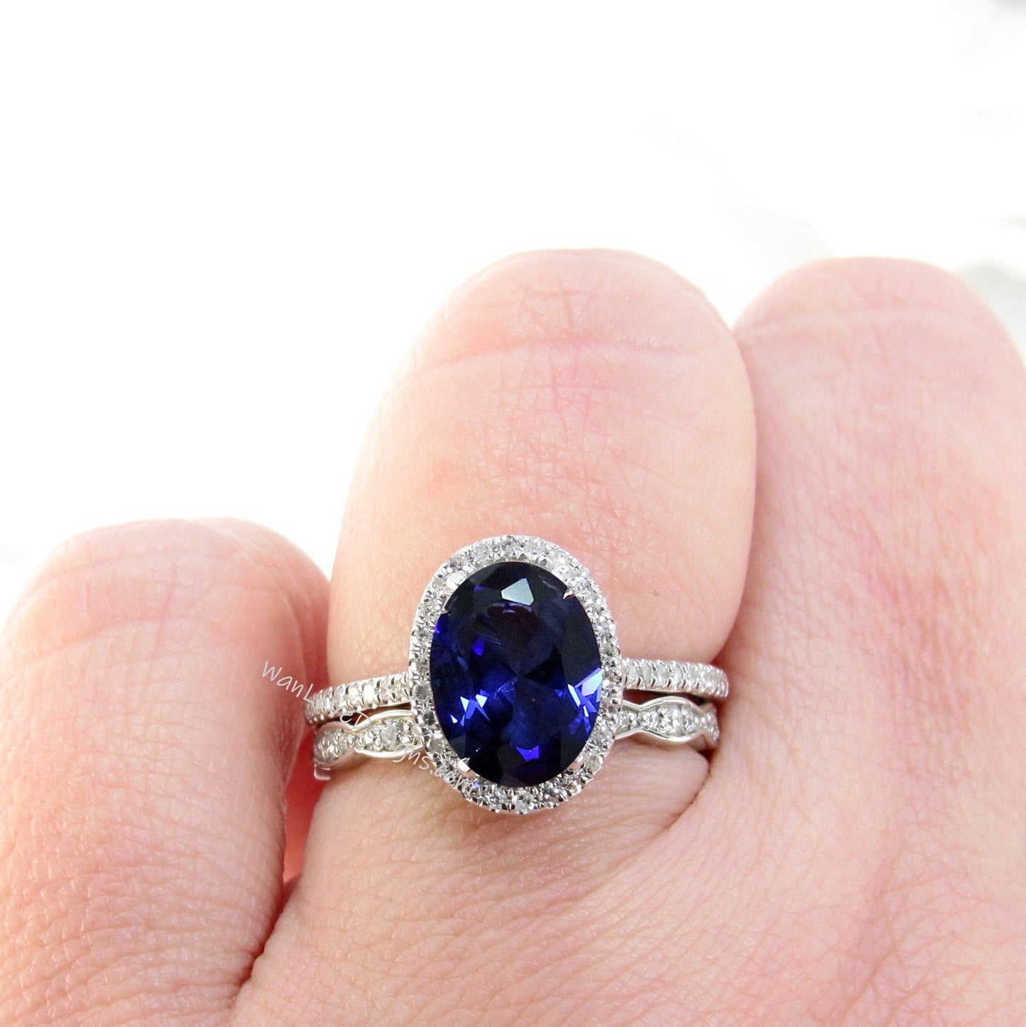 Blue Sapphire & Diamond Oval Halo Engagement Ring set, Leaf Wedding Band, Custom-14k,18k,White,Yellow,Rose Gold-Platinum Wan Love Designs