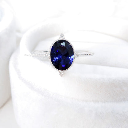 Blue Sapphire & Diamond Oval Milgrain Engagement Ring, 14k 18k White Yellow Rose Gold, Platinum,Custom,Wedding,North Star, WanLoveDesigns Wan Love Designs