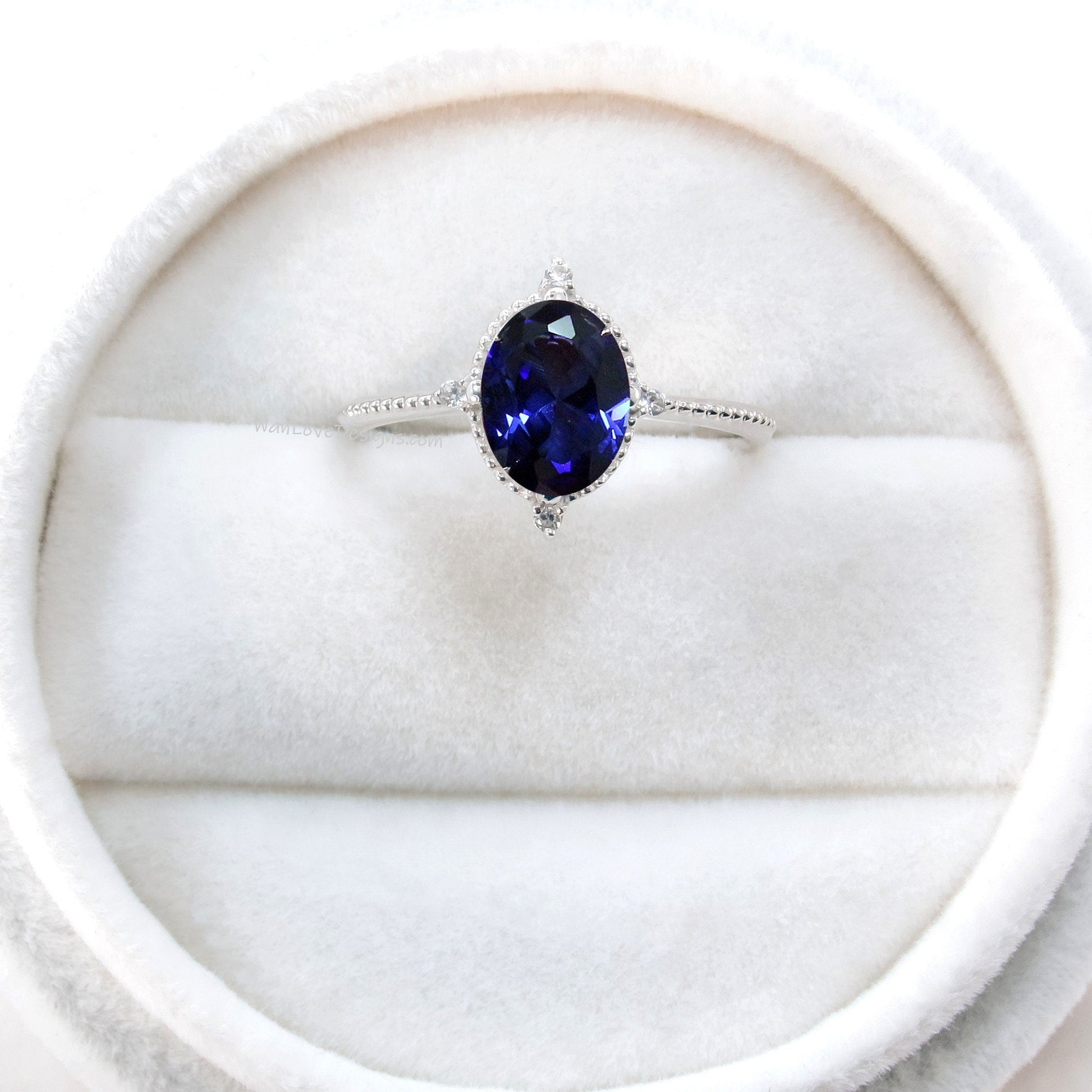 Blue Sapphire & Diamond Oval Milgrain Engagement Ring, 14k 18k White Yellow Rose Gold, Platinum,Custom,Wedding,North Star, WanLoveDesigns Wan Love Designs