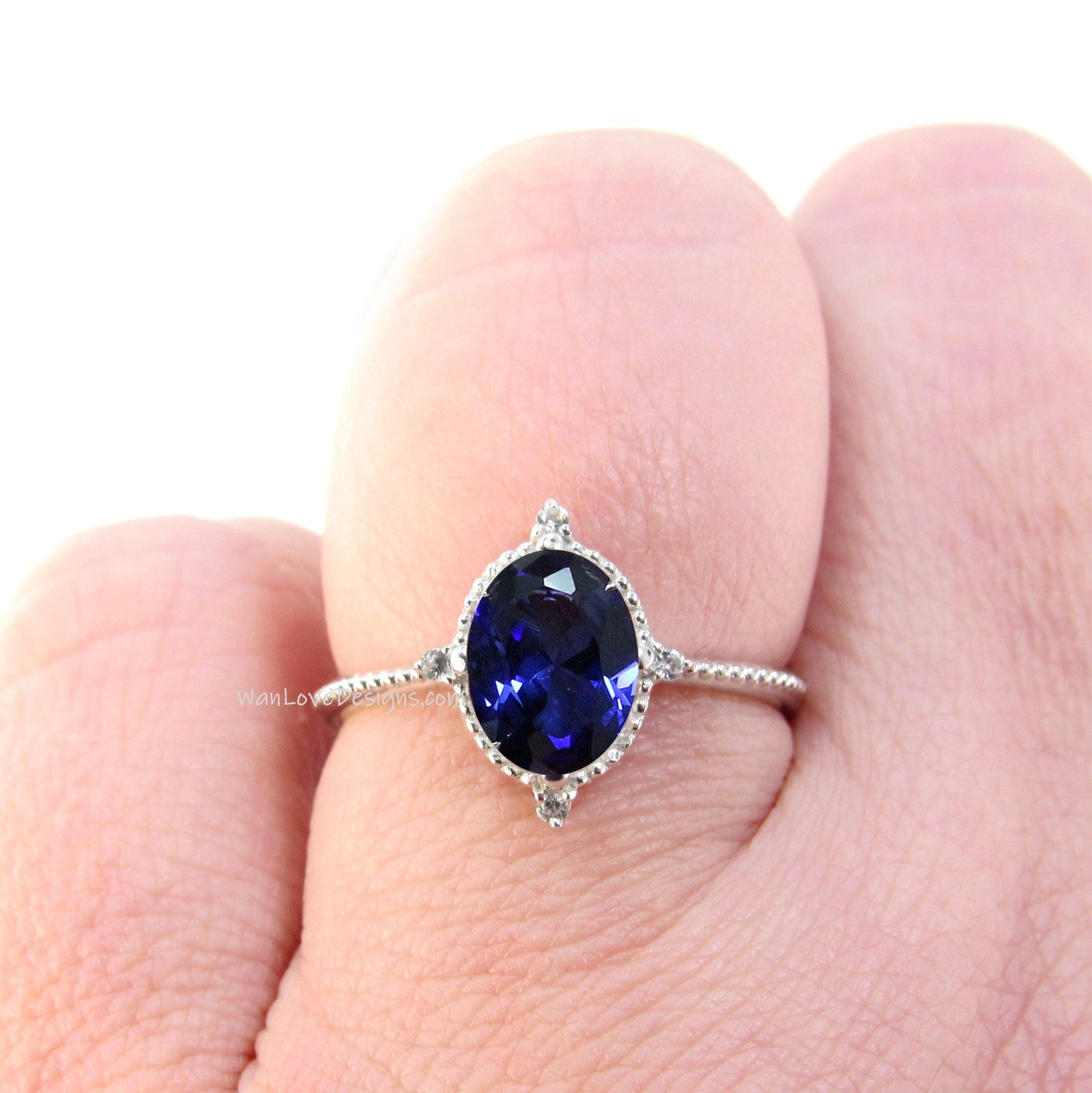 Blue Sapphire & Diamond Oval Milgrain Engagement Ring, 14k 18k White Yellow Rose Gold, Platinum,Custom,Wedding,North Star, WanLoveDesigns Wan Love Designs