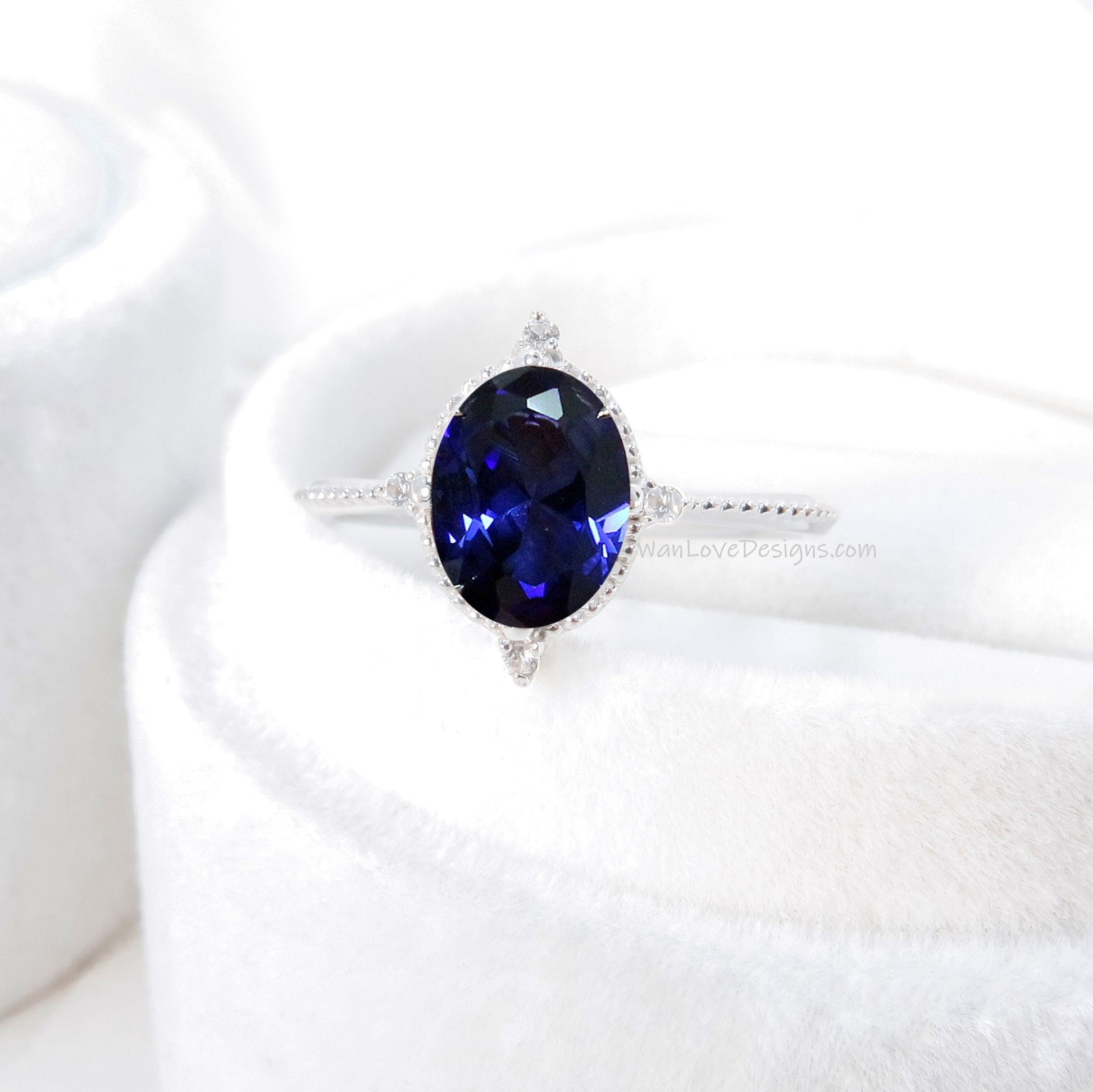 Blue Sapphire & Diamond Oval Milgrain Engagement Ring, 14k 18k White Yellow Rose Gold, Platinum,Custom,Wedding,North Star, WanLoveDesigns Wan Love Designs