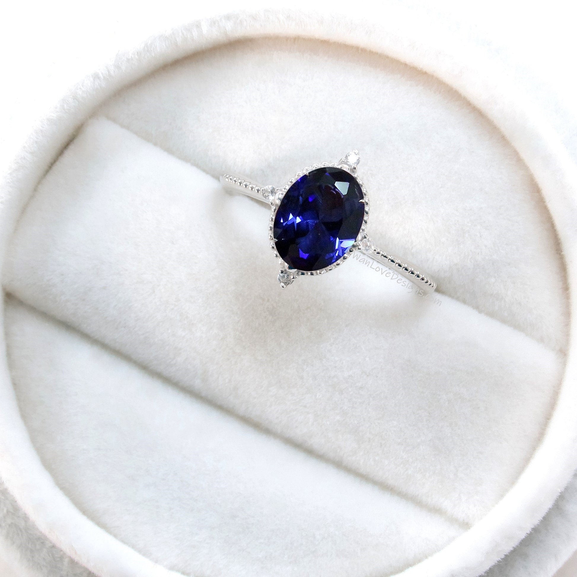 Blue Sapphire & Diamond Oval Milgrain Engagement Ring, 14k 18k White Yellow Rose Gold, Platinum,Custom,Wedding,North Star, WanLoveDesigns Wan Love Designs