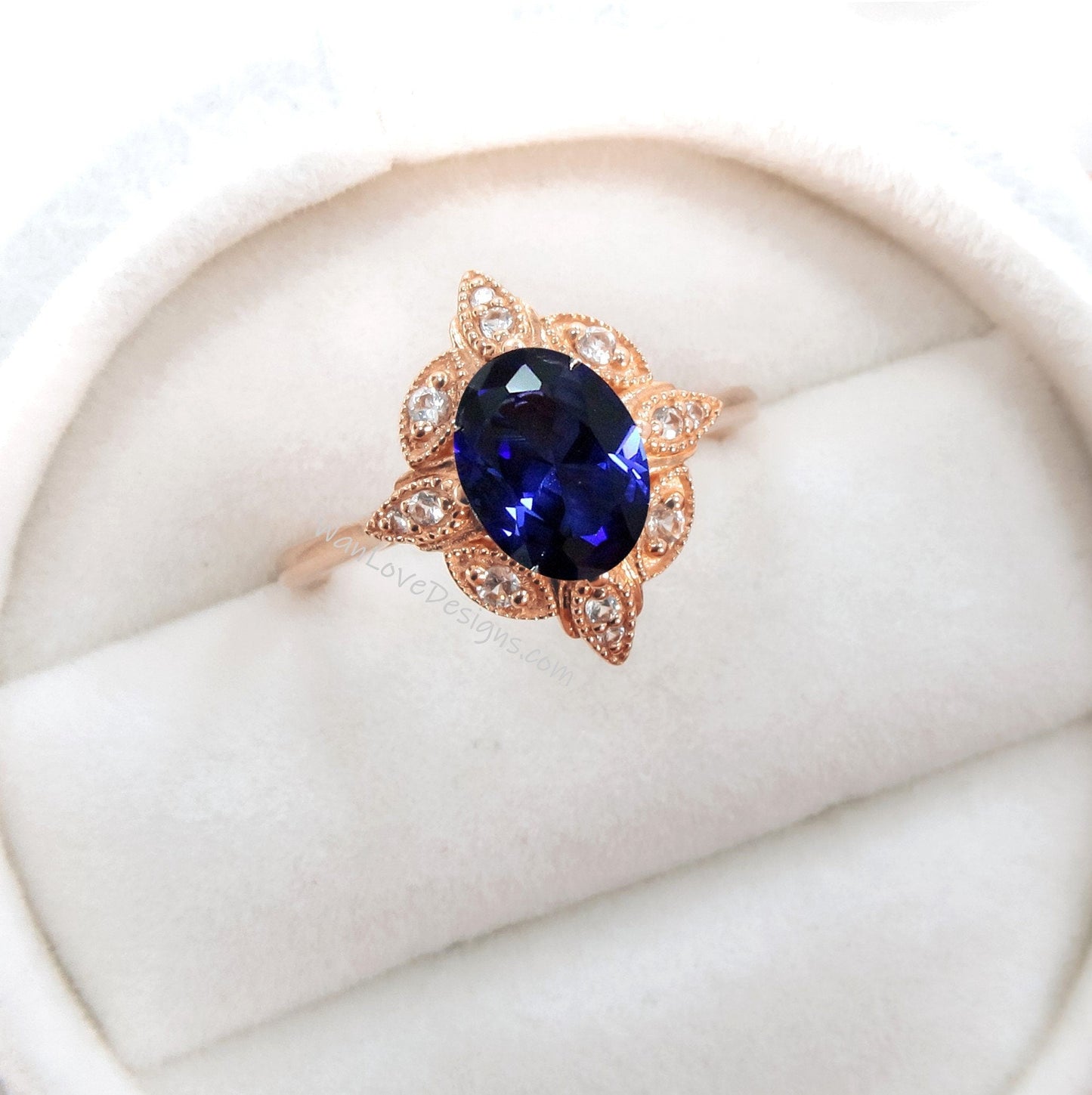 Blue Sapphire & Diamond Oval Milgrain Halo Engagement Ring, plain shank, 14k White Yellow Rose Gold,Platinum,Custom,Wedding, WanLoveDesigns Wan Love Designs