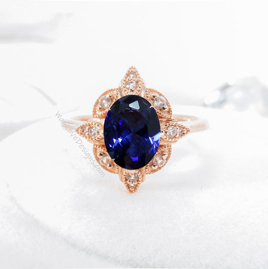 Blue Sapphire & Diamond Oval Milgrain Halo Engagement Ring, plain shank, 14k White Yellow Rose Gold,Platinum,Custom,Wedding, WanLoveDesigns Wan Love Designs