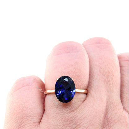 Blue Sapphire & Diamond Oval Side Halo plain band Engagement Ring, 14k 18k White Yellow Rose Gold, Platinum, Custom, Wedding, WanLoveDesigns Wan Love Designs