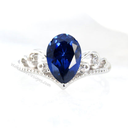 Blue Sapphire Diamond Pear Crown Tiara Royal Princess V Contoured Engagement Ring, Custom, 14kt 18kt Gold, Platinum, WanLoveDesigns Wan Love Designs