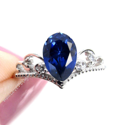 Blue Sapphire Diamond Pear Crown Tiara Royal Princess V Contoured Engagement Ring, Custom, 14kt 18kt Gold, Platinum, WanLoveDesigns Wan Love Designs