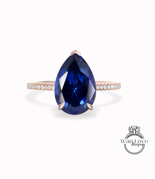 Blue Sapphire Diamond Pear Engagement Ring, Cathedral Basket  Shank, Custom Wedding Anniversary Bridal Ring, 14kt 18kt Gold, Platinum Wan Love Designs