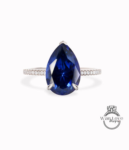 Blue Sapphire Diamond Pear Engagement Ring, Cathedral Basket  Shank, Custom Wedding Anniversary Bridal Ring, 14kt 18kt Gold, Platinum Wan Love Designs