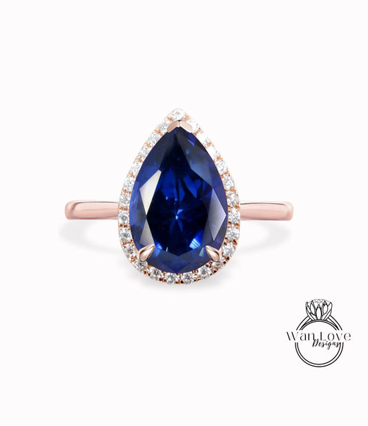 Blue Sapphire & Diamond Pear Halo Engagement Ring, Plain shank band, Custom,14k 18k White Yellow Rose gold-Platinum,Anniversary Wan Love Designs
