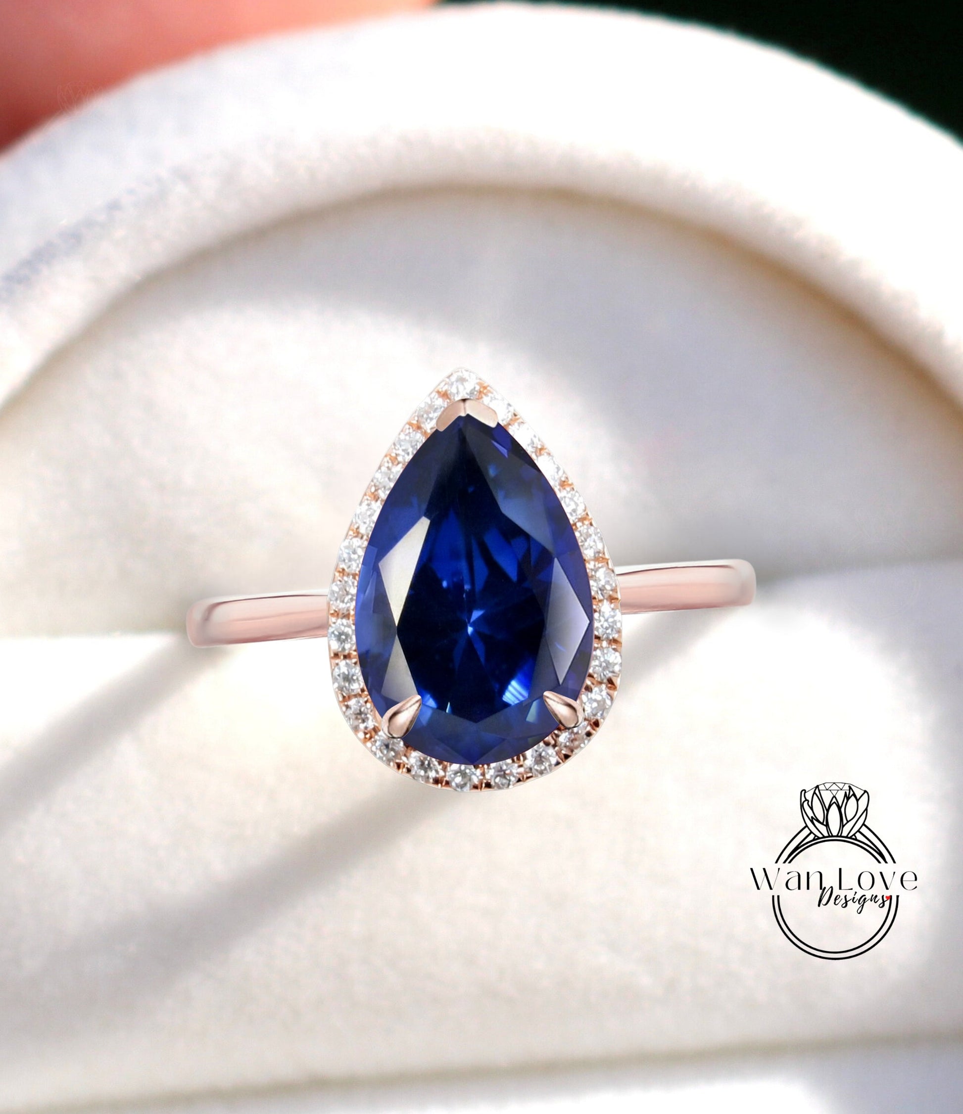 Blue Sapphire & Diamond Pear Halo Engagement Ring, Plain shank band, Custom,14k 18k White Yellow Rose gold-Platinum,Anniversary Wan Love Designs