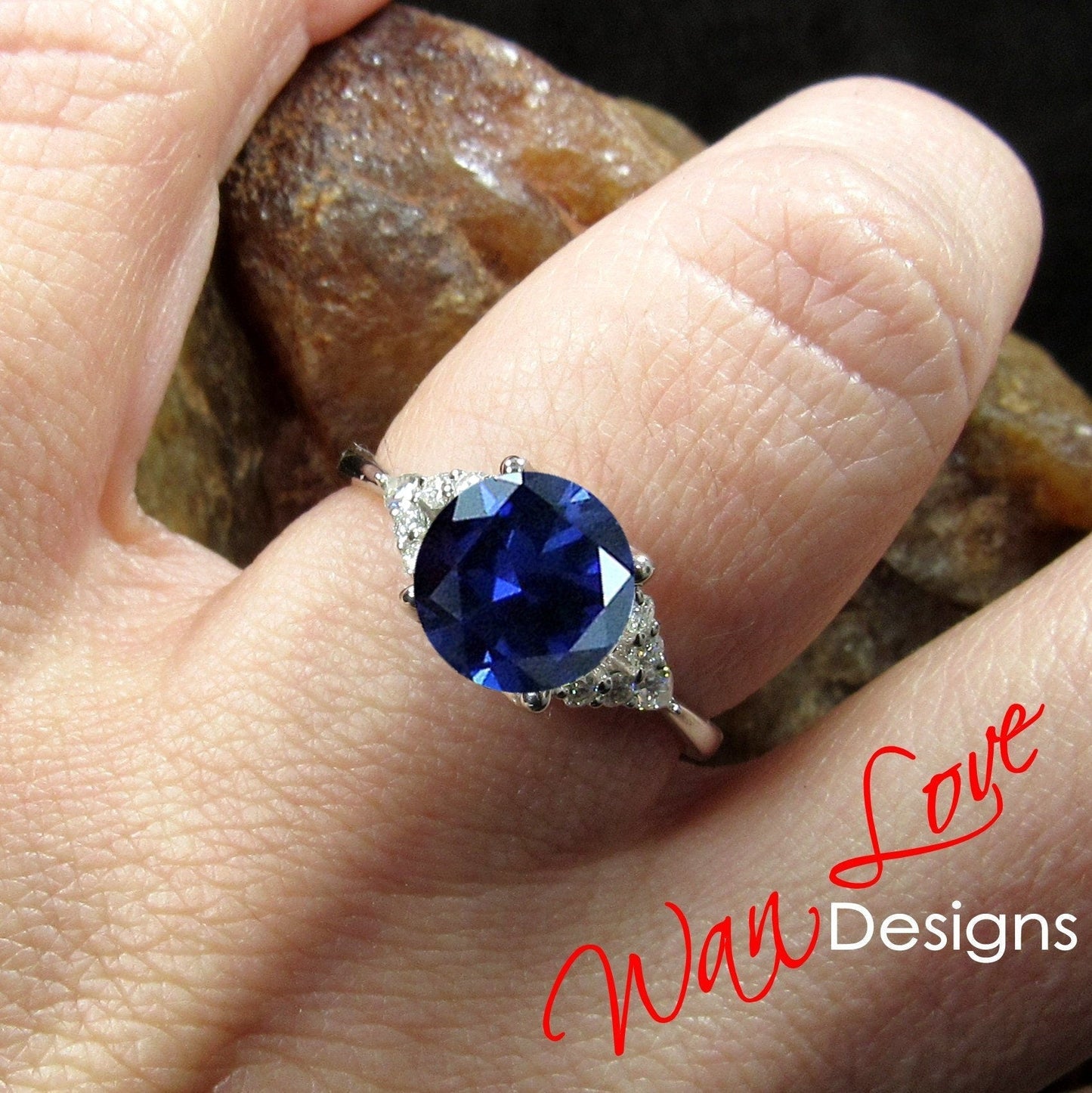 Blue Sapphire & Diamond Round Claw prong Pear split shank Engagement Ring Art Deco Vintage 14k 18k White Rose Gold Wedding Anniversary Gift Wan Love Designs