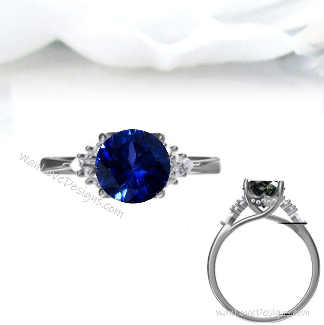 Blue Sapphire & Diamond Round Claw prong Pear split shank Engagement Ring Art Deco Vintage 14k 18k White Rose Gold Wedding Anniversary Gift Wan Love Designs