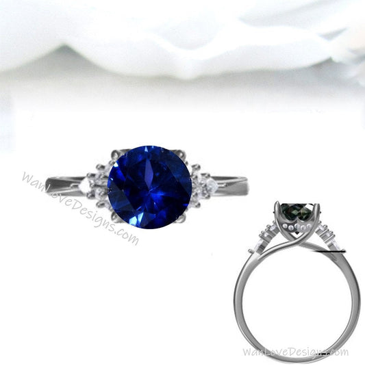 Blue Sapphire & Diamond Round Claw prong Pear split shank Engagement Ring Art Deco Vintage 14k 18k White Rose Gold Wedding Anniversary Gift Wan Love Designs