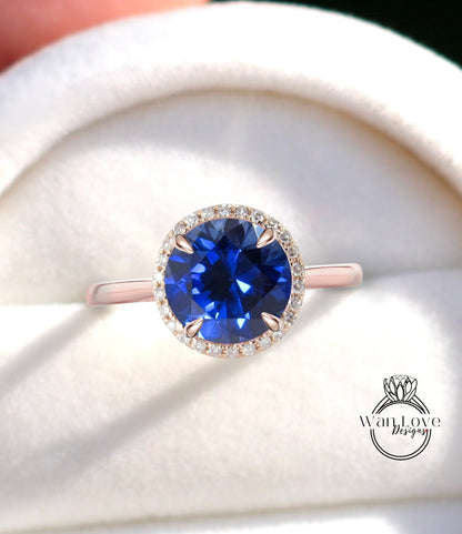 Blue Sapphire & Diamond Round Halo Plain Shank Engagement Ring 14k 18k White Yellow Rose Gold-Platinum-Custom-Wedding-Anniversary Wan Love Designs