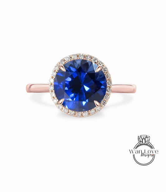 Blue Sapphire & Diamond Round Halo Plain Shank Engagement Ring 14k 18k White Yellow Rose Gold-Platinum-Custom-Wedding-Anniversary Wan Love Designs