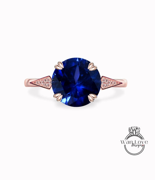 Blue Sapphire & Diamond round engagement ring vintage Rose gold Unique Cluster women Kite Pave Diamond shieldwedding Bridal Anniversary gift Wan Love Designs