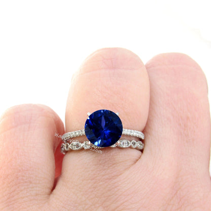 Blue Sapphire & Diamond shank Engagement Ring,Full Eternity Leaf Wedding Band,Round, Custom-14k 18k White Yellow Rose Gold-Platinum Wan Love Designs