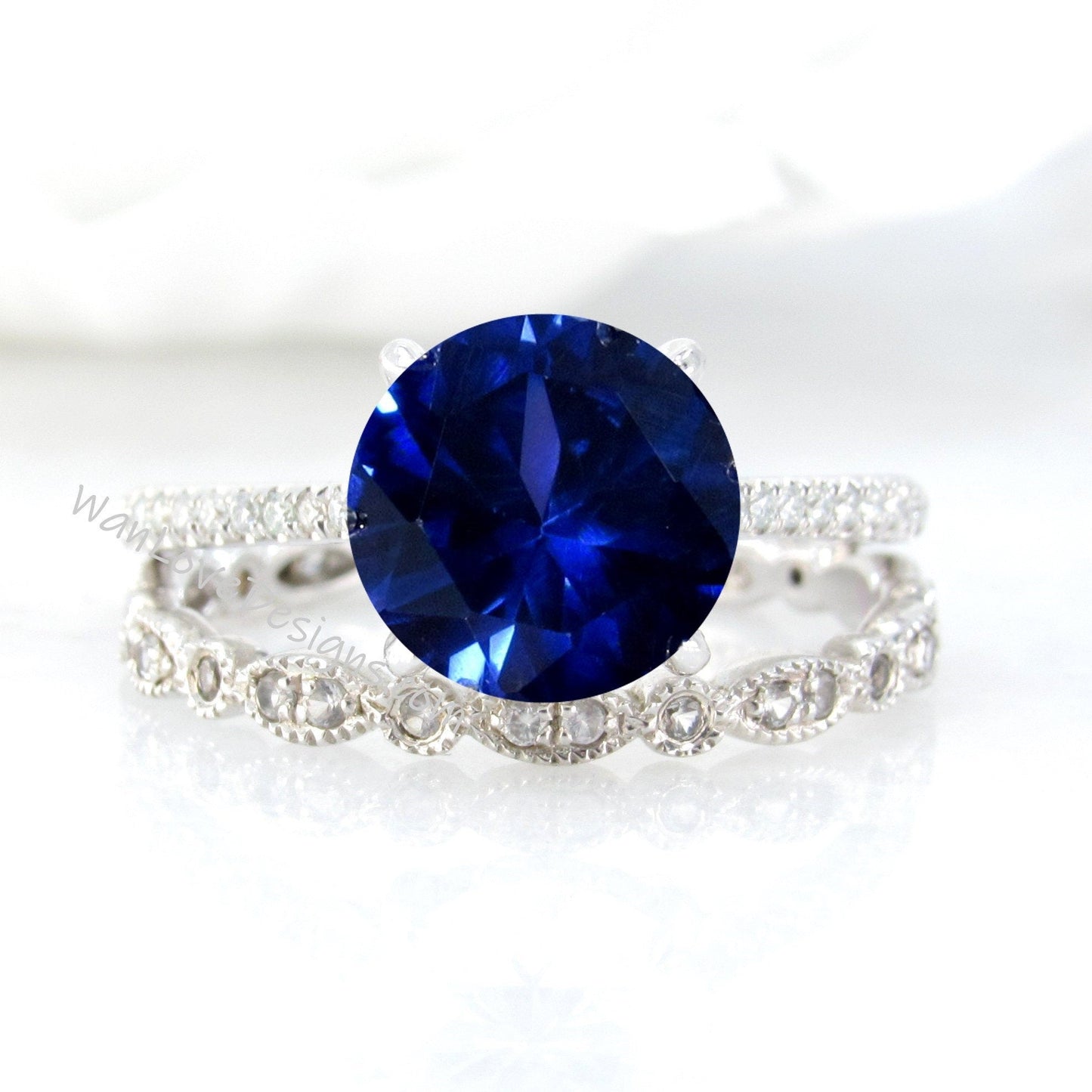 Blue Sapphire & Diamond shank Engagement Ring,Full Eternity Leaf Wedding Band,Round, Custom-14k 18k White Yellow Rose Gold-Platinum Wan Love Designs