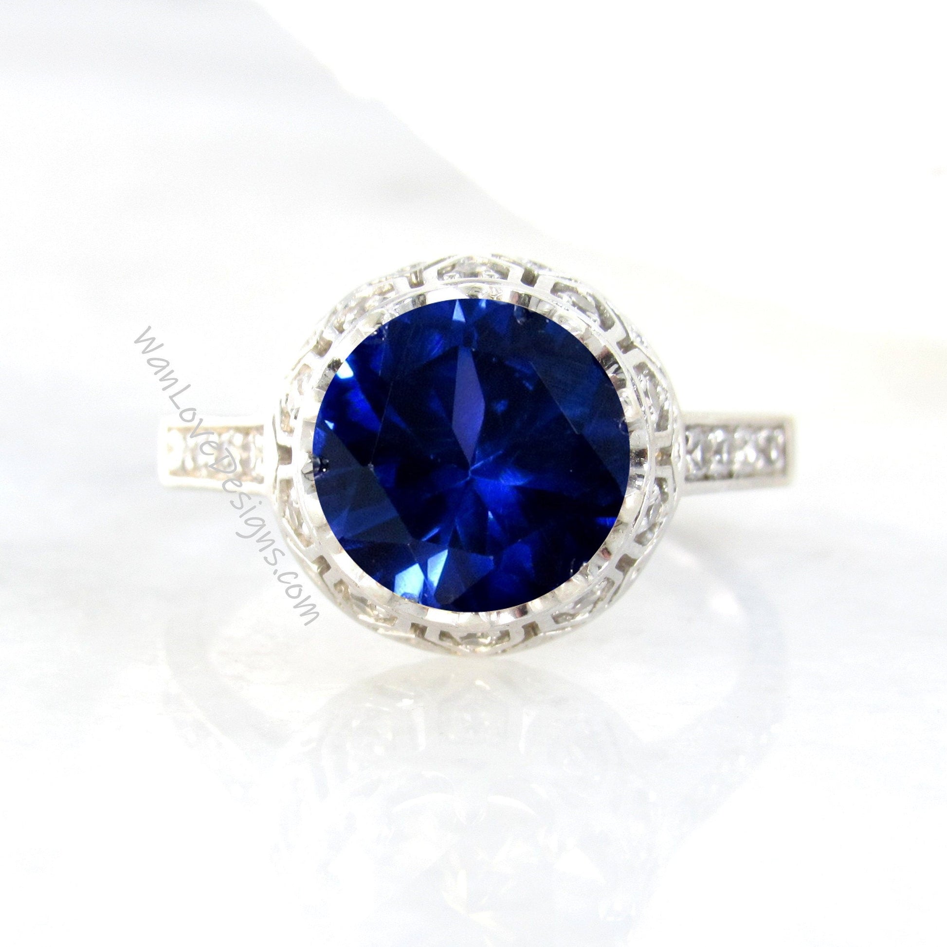 Blue Sapphire Diamonds Antique Vintage Style Crown Royalty Filigree Engagement Ring 2ct 8mm Custom Wedding Anniversary Gift Wan Love Designs