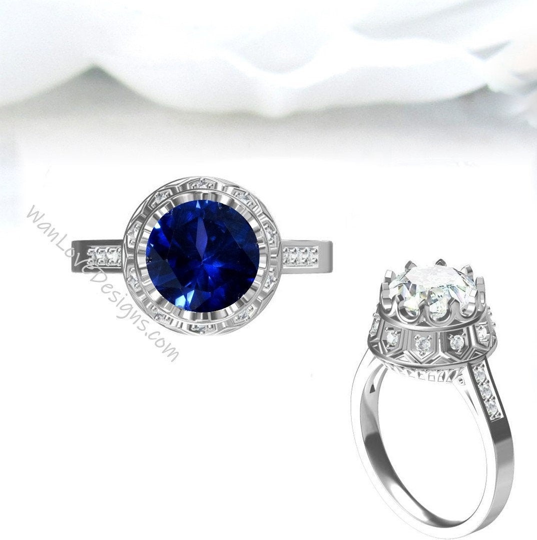 Blue Sapphire Diamonds Antique Vintage Style Crown Royalty Filigree Engagement Ring 2ct 8mm Custom Wedding Anniversary Gift Wan Love Designs
