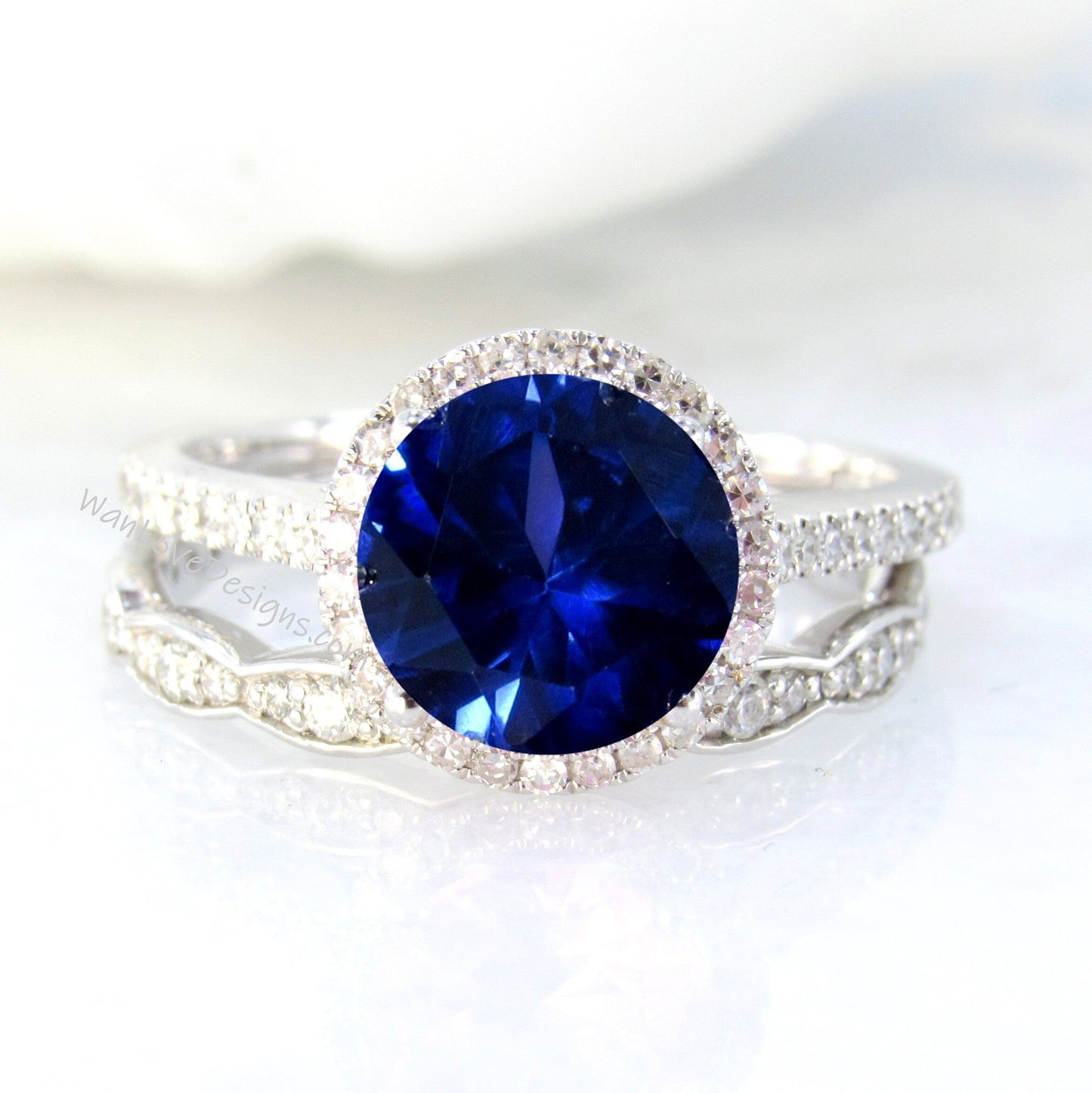 Blue Sapphire Diamonds Art Deco Scalloped Round Halo Wedding Set Rings 14kt Rose Gold,WanLoveDesigns Wan Love Designs