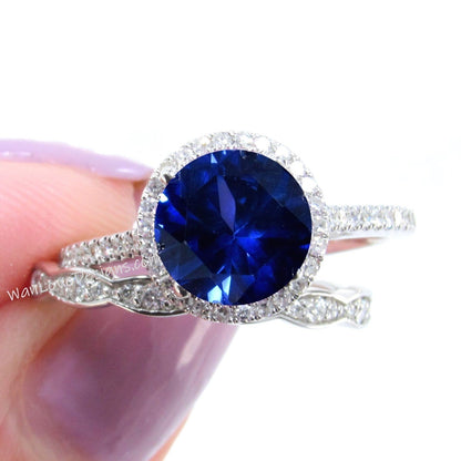 Blue Sapphire Diamonds Art Deco Scalloped Round Halo Wedding Set Rings 14kt Rose Gold,WanLoveDesigns Wan Love Designs