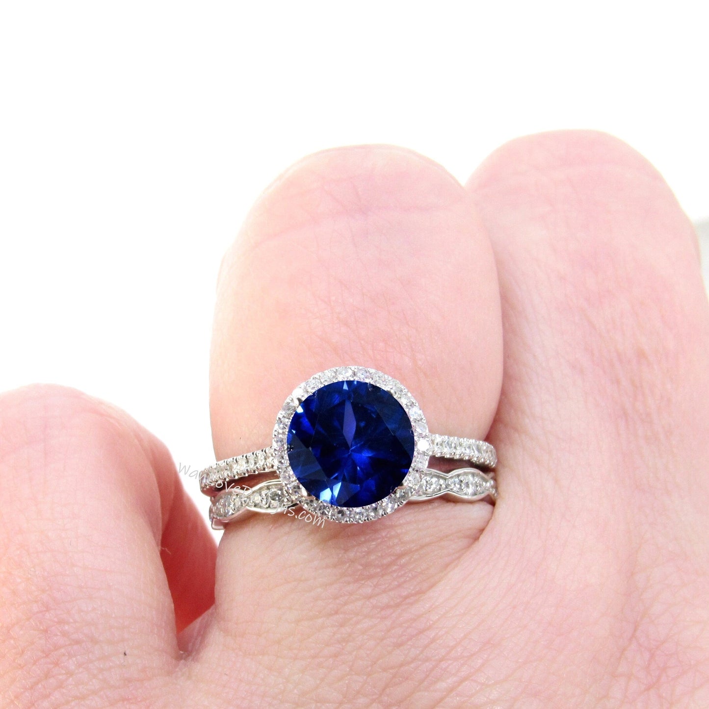 Blue Sapphire Diamonds Art Deco Scalloped Round Halo Wedding Set Rings 14kt Rose Gold,WanLoveDesigns Wan Love Designs