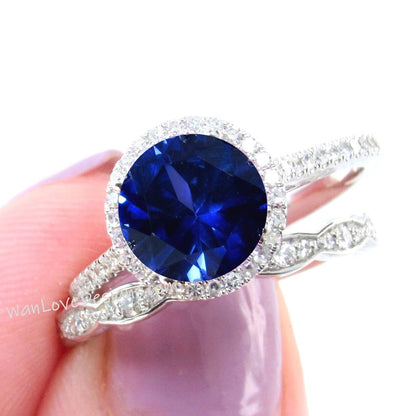 Blue Sapphire Diamonds Art Deco Scalloped Round Halo Wedding Set Rings 14kt Rose Gold,WanLoveDesigns Wan Love Designs