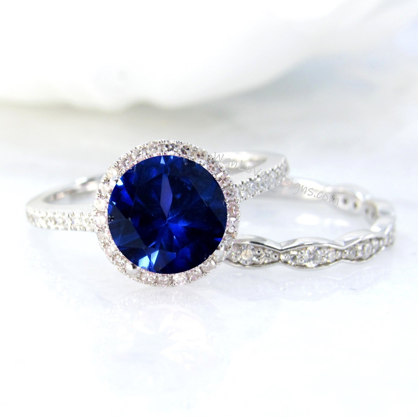 Blue Sapphire Diamonds Art Deco Scalloped Round Halo Wedding Set Rings 14kt Rose Gold,WanLoveDesigns Wan Love Designs