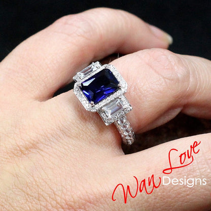 Blue Sapphire & Diamonds Baguette Emerald Halo Engagement Ring Contoured Wedding Band Set, 3ct 9x7mm, Custom, 14kt 18kt gold-Platinum-Custom Wan Love Designs