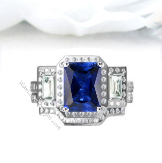 Blue Sapphire & Diamonds Baguette Emerald Halo Engagement Ring Contoured Wedding Band Set, 3ct 9x7mm, Custom, 14kt 18kt gold-Platinum-Custom Wan Love Designs