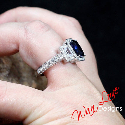 Blue Sapphire & Diamonds Baguette Emerald Halo Engagement Ring Contoured Wedding Band Set, 3ct 9x7mm, Custom, 14kt 18kt gold-Platinum-Custom Wan Love Designs