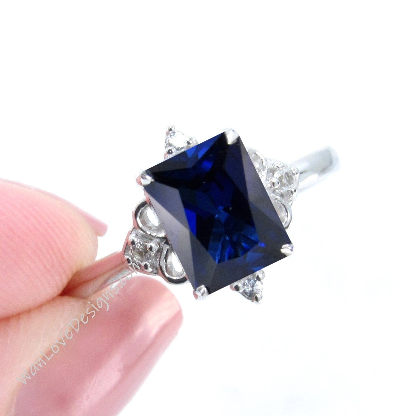 Blue Sapphire & Diamonds Dainty Emerald Art Deco Ornate Engagement Ring, 14kt 18kt Gold-Platinum-Wedding-Anniversary Gift, WanLoveDesigns Wan Love Designs
