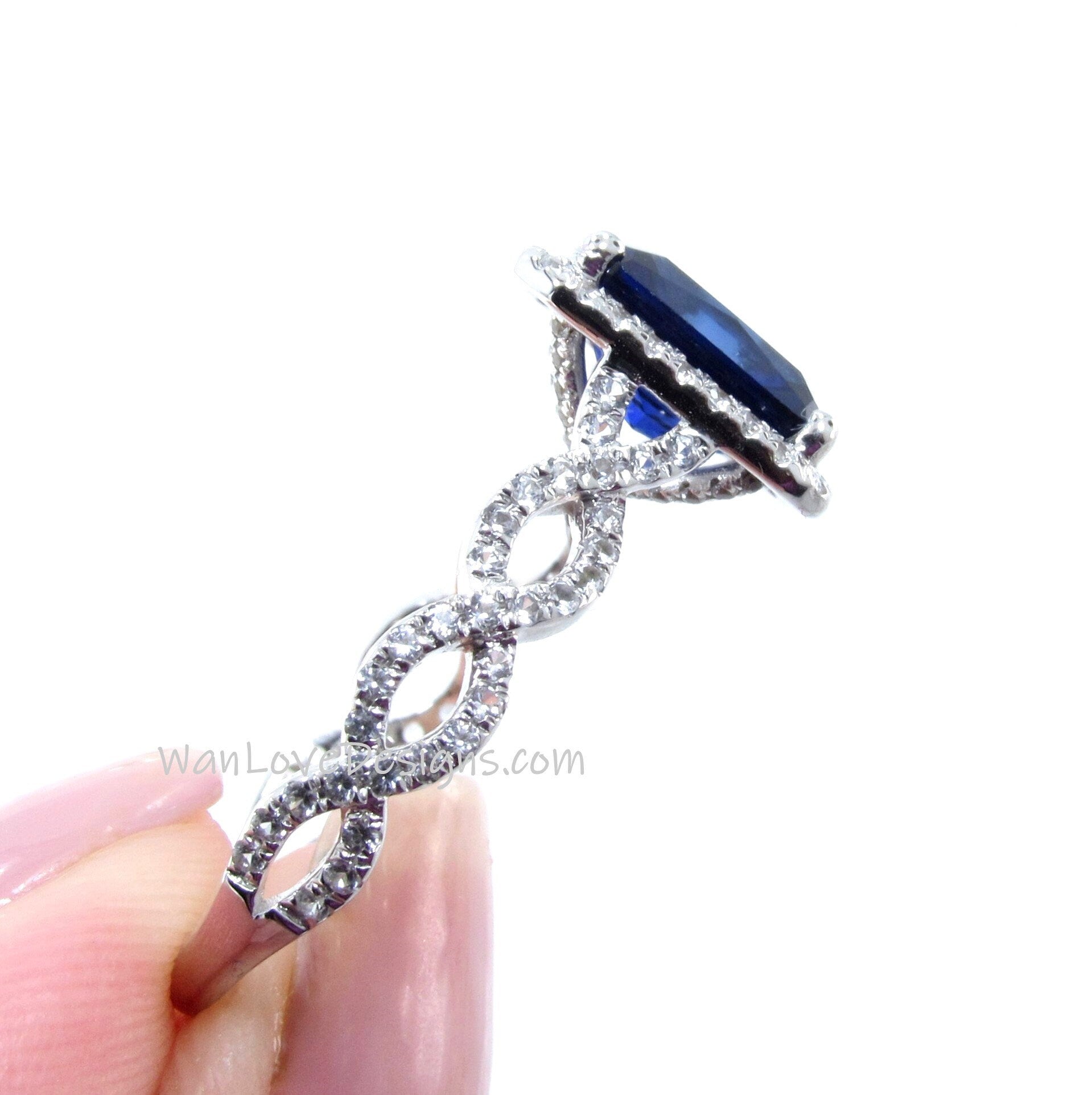 Blue Sapphire & Diamonds Emerald Halo Infinity Twist Shank Engagement Ring, 3/4 Eternity, Custom,14k 18k Gold, Platinum, WanLoveDesigns Wan Love Designs