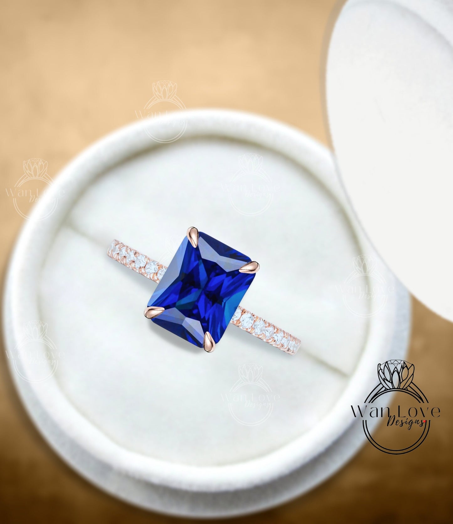 Blue Sapphire Diamonds Emerald Side Halo Basket Prongs Engagement Ring, Elongated Cushion Ring, Custom, Wedding, Anniversary Wan Love Designs