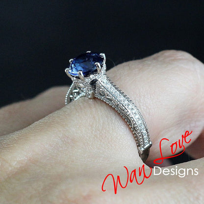 Blue Sapphire & Diamonds Filigree Milgrain Flower Beaded Engagement Ring Round Custom-14kt 18kt Gold, Platinum, Wedding Wan Love Designs