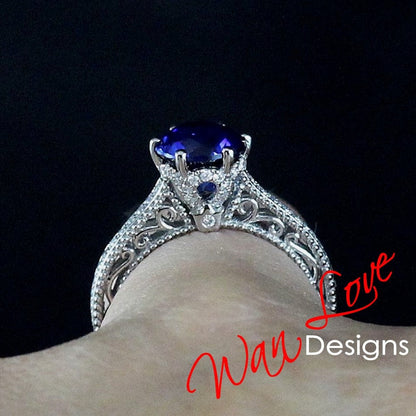 Blue Sapphire & Diamonds Filigree Milgrain Flower Beaded Engagement Ring Round Custom-14kt 18kt Gold, Platinum, Wedding Wan Love Designs