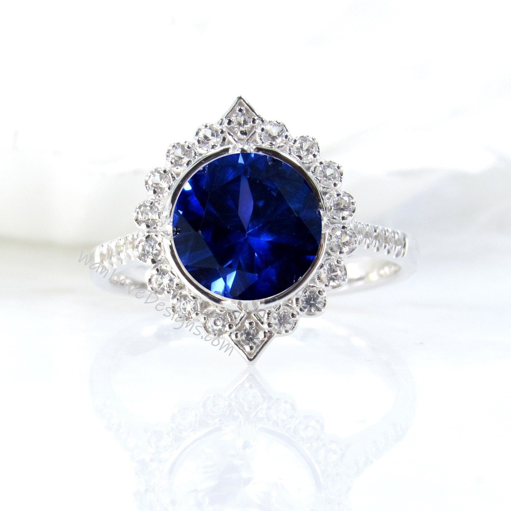 Blue Sapphire & Diamonds Geometric Halo Engagement Ring Round, Custom,14k 18k White Yellow Rose Gold-Platinum-Wedding,Anniversary Gift Wan Love Designs