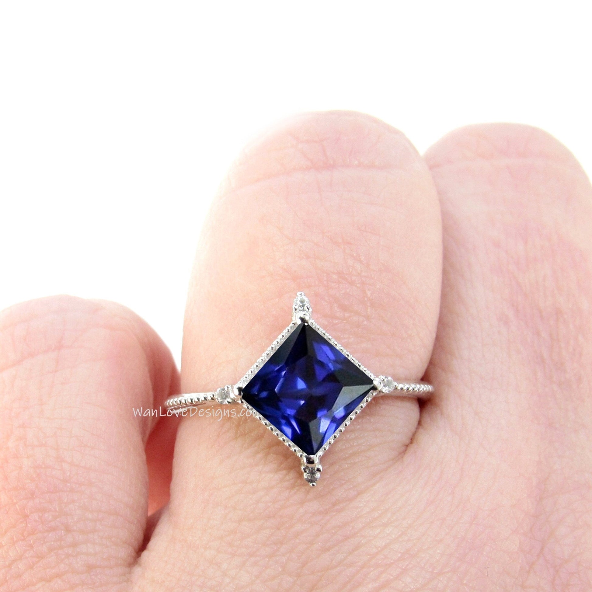 Blue Sapphire Diamonds Milgrain Kite NSEW Princess Engagement Ring Custom Wedding Wan Love Designs