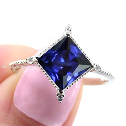 Blue Sapphire Diamonds Milgrain Kite NSEW Princess Engagement Ring Custom Wedding Wan Love Designs