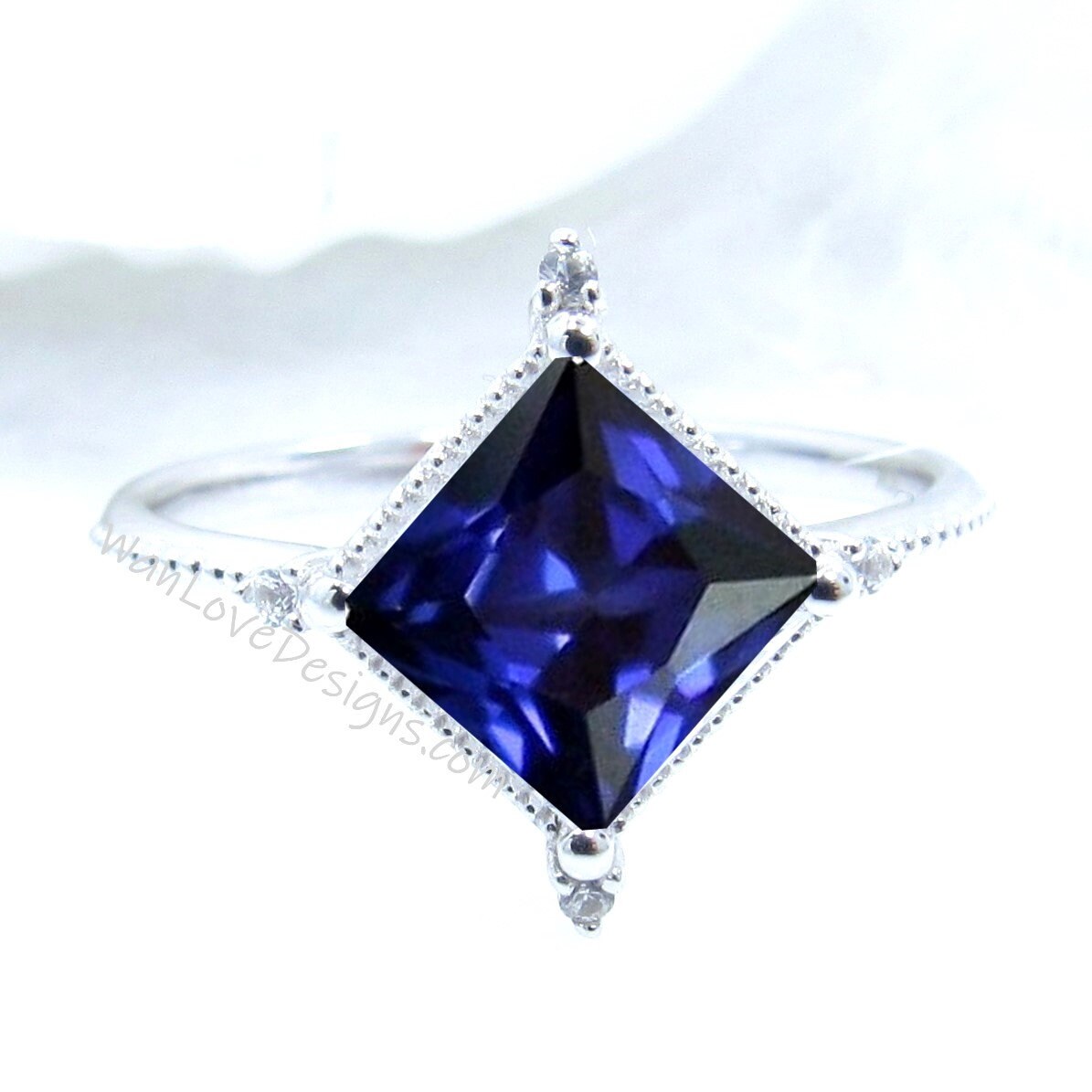 Blue Sapphire Diamonds Milgrain Kite NSEW Princess Engagement Ring Custom Wedding Wan Love Designs