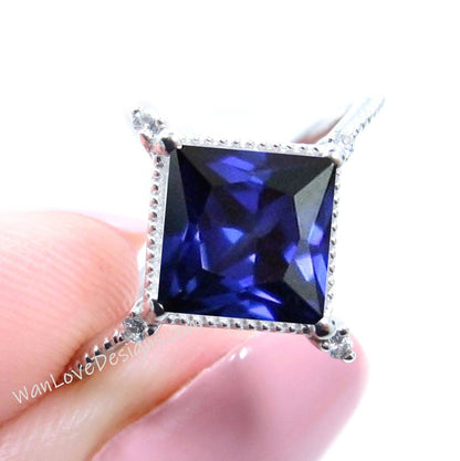 Blue Sapphire Diamonds Milgrain Kite NSEW Princess Engagement Ring Custom Wedding Wan Love Designs