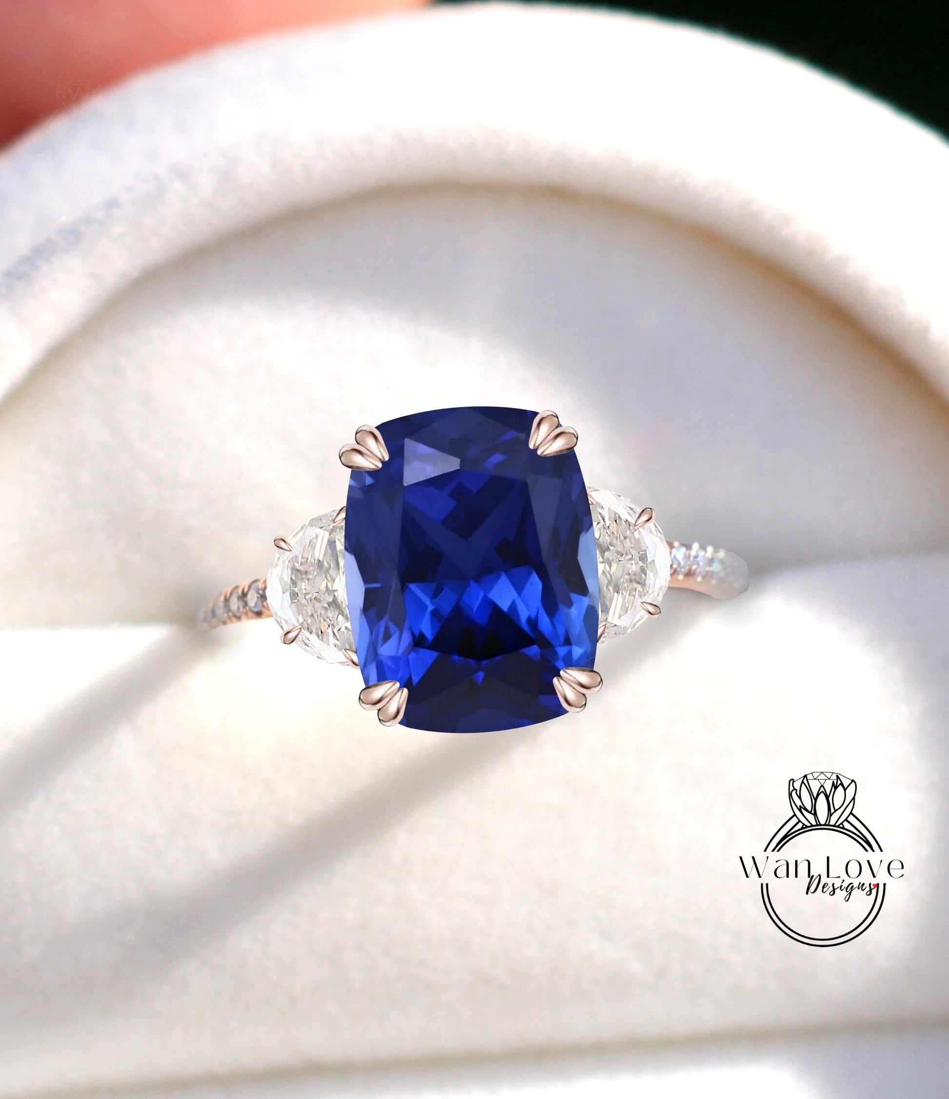 Blue Sapphire Diamonds & Moissanite Engagement Ring Oval Cushion Half Moon 3 Gem Stone 14k 18k White Yellow Rose Gold,Platinum,Custom Wan Love Designs