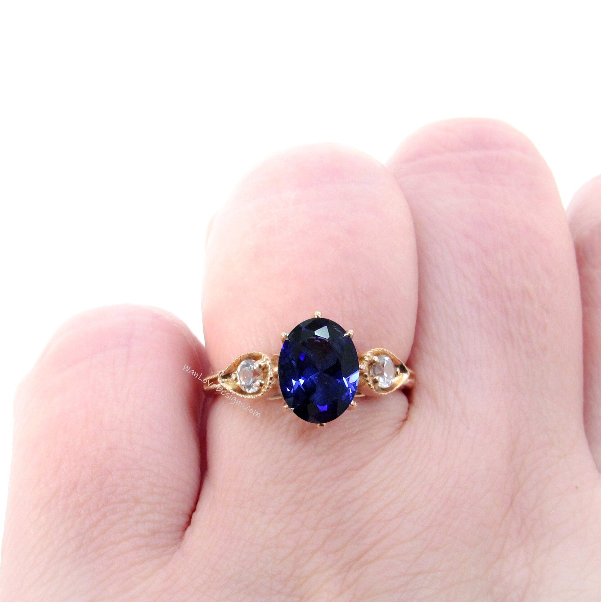 Blue Sapphire Diamonds Oval Round Pear Bezel Milgrain  3 Gem Stone 8 prong Engagement Ring 3ct 9x7mm 3mm Custom Weding Wan Love Designs