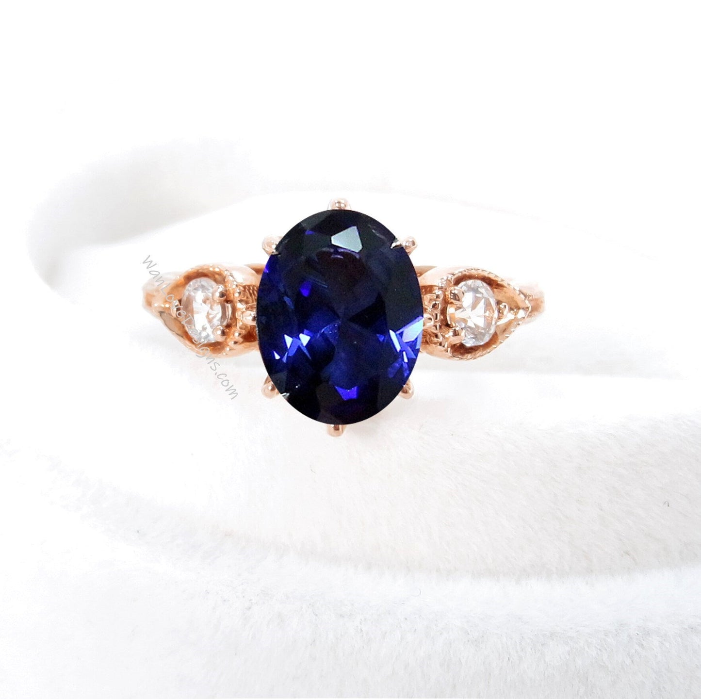 Blue Sapphire Diamonds Oval Round Pear Bezel Milgrain  3 Gem Stone 8 prong Engagement Ring 3ct 9x7mm 3mm Custom Weding Wan Love Designs