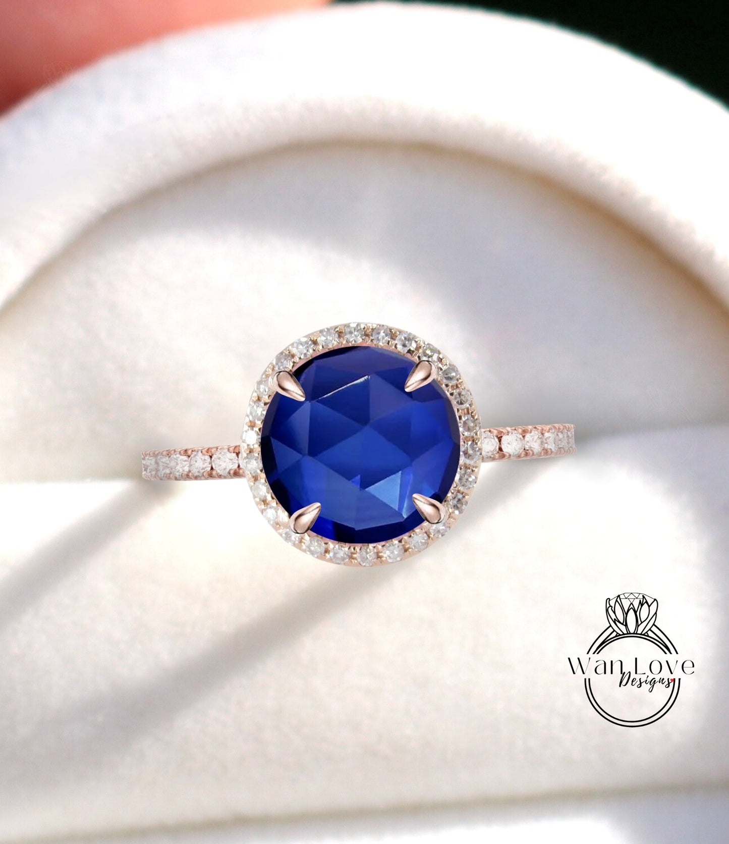 Blue Sapphire & Diamonds Rose Cut Round Halo Antique style Cabochon Engagement Ring, 14k 18k White Yellow Rose Gold-Platinum-Custom Wan Love Designs