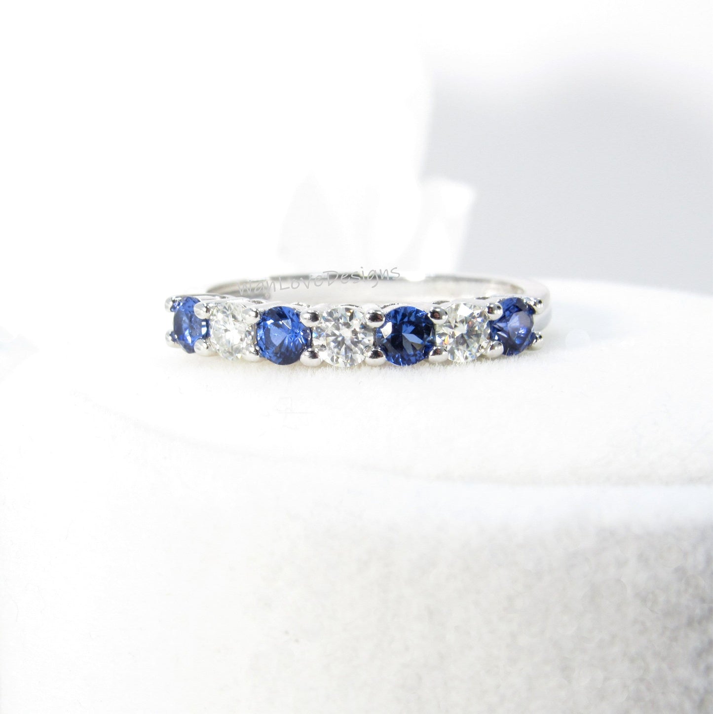 Blue Sapphire & Diamonds Wedding Band, 7 Gem Stone Moissanite Diamond Wedding Band, Stackable Birthstone Band, Vintage Gold 14k Bridal Band Wan Love Designs