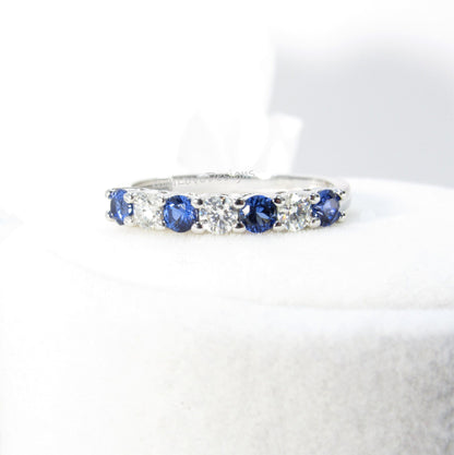 Blue Sapphire & Diamonds Wedding Band, 7 Gem Stone Moissanite Diamond Wedding Band, Stackable Birthstone Band, Vintage Gold 14k Bridal Band Wan Love Designs